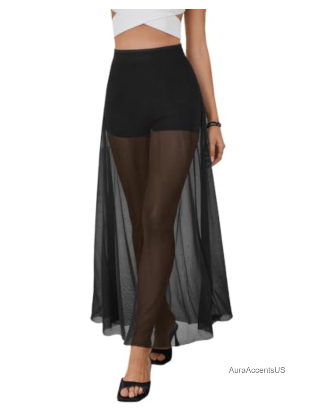 Sheer Mesh Maxi Skirt High Waist A Line with Built-in Shorts